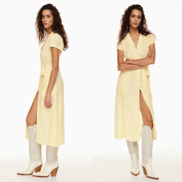 Aritzia Wilfred Yellow Button Front Midi Shirt Dress Floral Cottagecore  Size S